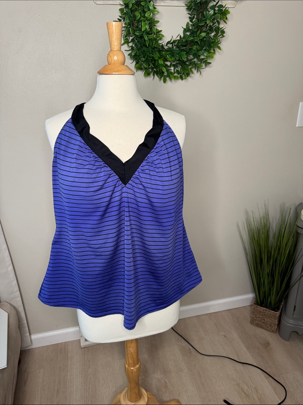 Blue & Black V-Neck Striped Halter Tank